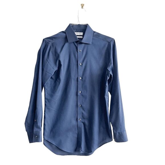 Calvin Klein Mens Dress Shirt Slim Fit Button Down Long Sleeve Blue Size 15 - Picture 1 of 9